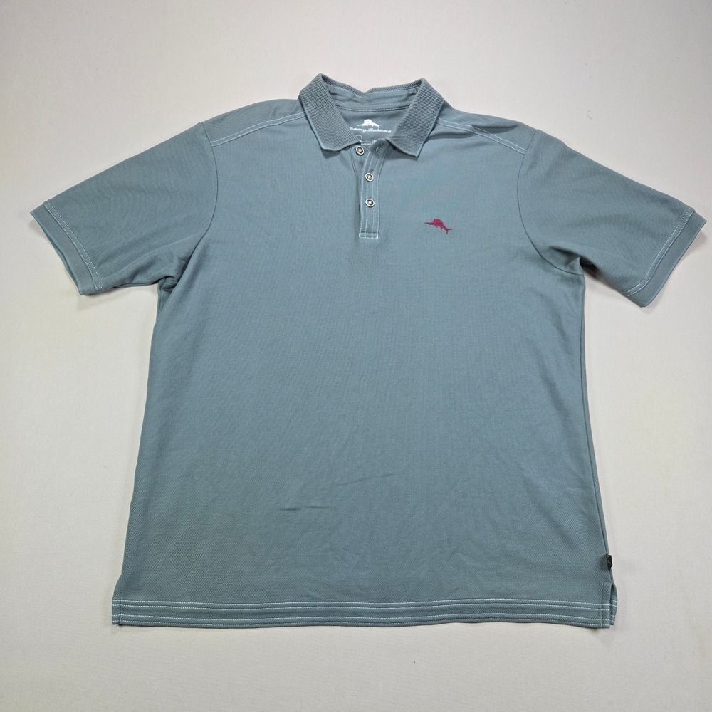 Tommy Bahama Polo Shirt Supima Cotton Blend Logo Blue Gray Mens Size Medium